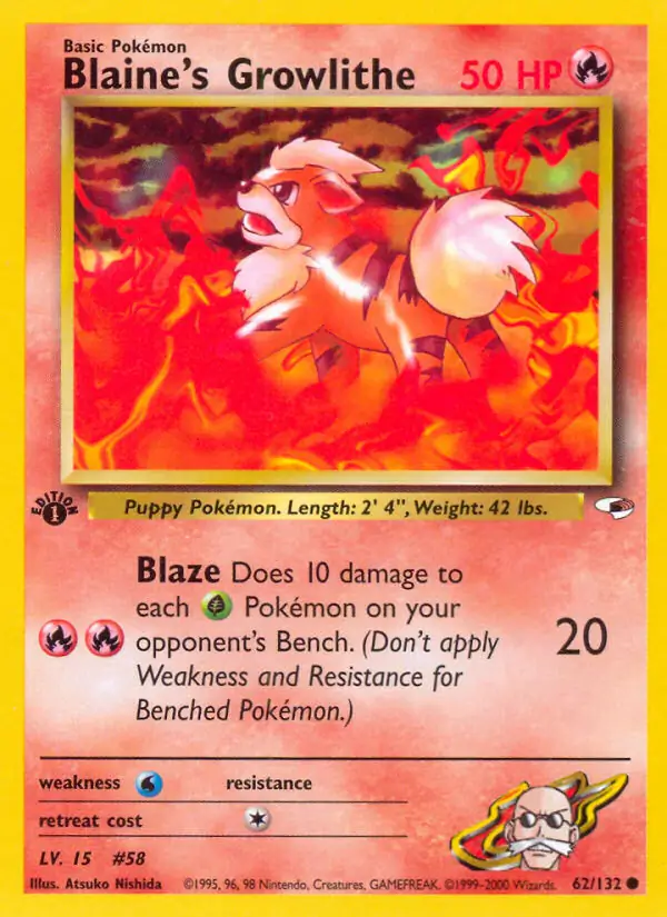 Blaine's Growlithe #62 Pokémon Card from Pokemon Gym Heroes Set